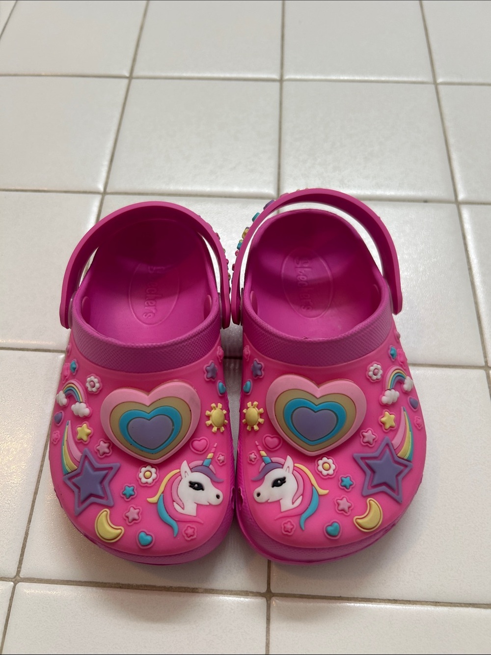 Skechers Bright Pink Kids Unicorn Clog Sandals with Rainbow Hearts - light up
